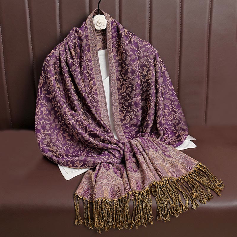 Nimara Ritual Tibetan Jacquard Paisley Flower Pattern Color Contrast Design Tassel Cozy Scarf Shawl