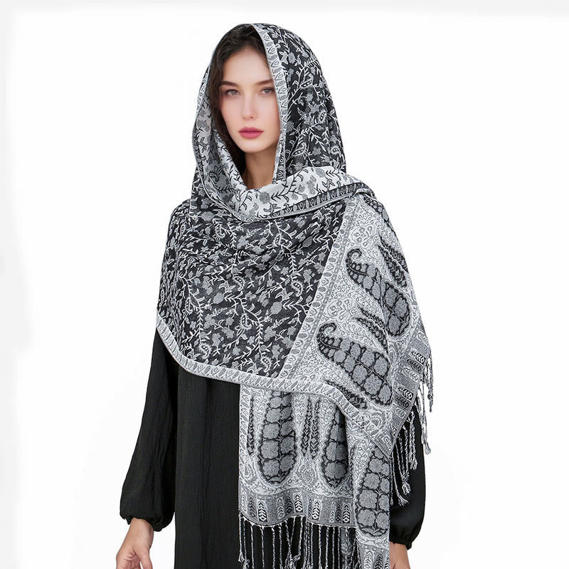 Nimara Ritual Tibetan Jacquard Paisley Flower Pattern Color Contrast Design Tassel Cozy Scarf Shawl