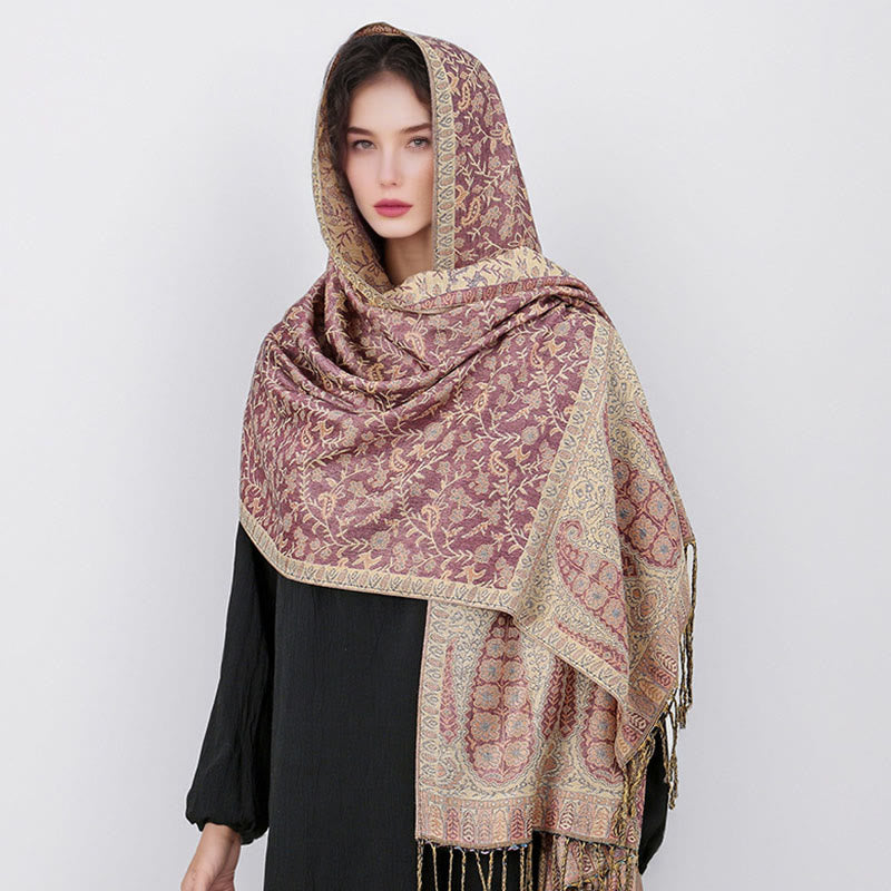 Nimara Ritual Tibetan Jacquard Paisley Flower Pattern Color Contrast Design Tassel Cozy Scarf Shawl