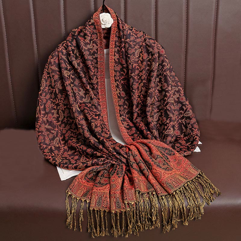 Nimara Ritual Tibetan Jacquard Paisley Flower Pattern Color Contrast Design Tassel Cozy Scarf Shawl