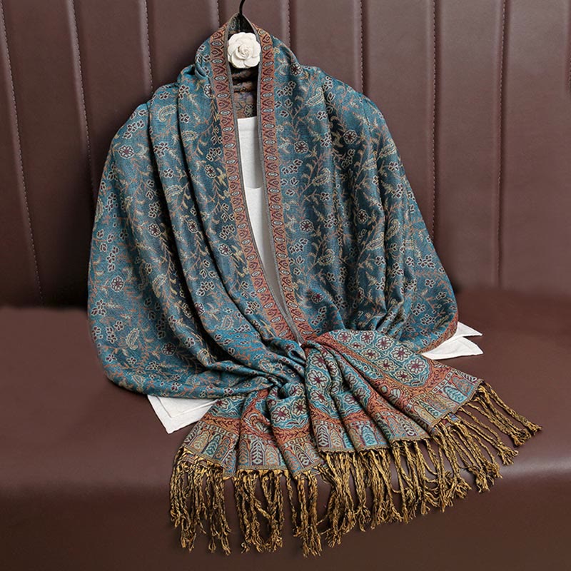 Nimara Ritual Tibetan Jacquard Paisley Flower Pattern Color Contrast Design Tassel Cozy Scarf Shawl