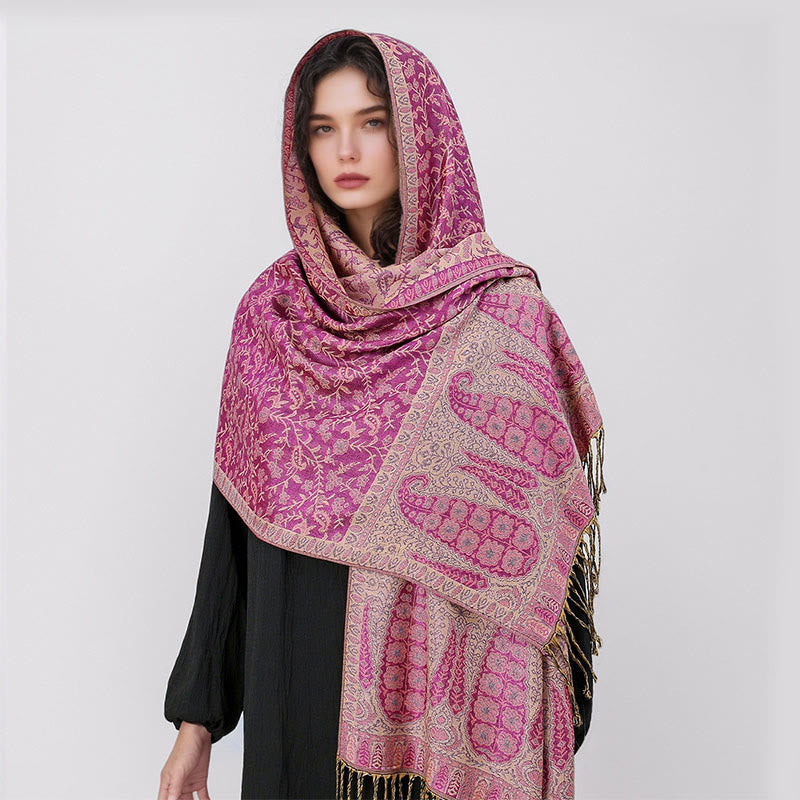 Nimara Ritual Tibetan Jacquard Paisley Flower Pattern Color Contrast Design Tassel Cozy Scarf Shawl
