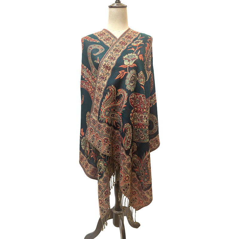 Nimara Ritual Bohemia Style Tibetan Paisley Floral Pattern Tassel Cozy Scarf Shawl