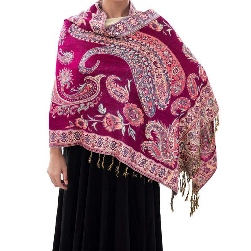 Nimara Ritual Bohemia Style Tibetan Paisley Floral Pattern Tassel Cozy Scarf Shawl