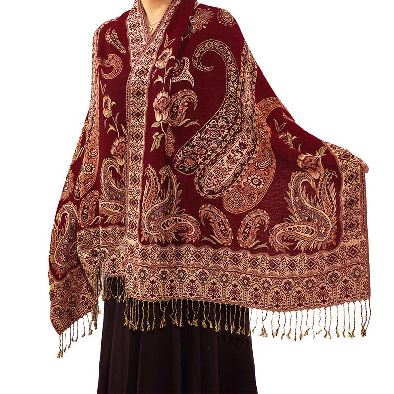 Nimara Ritual Bohemia Style Tibetan Paisley Floral Pattern Tassel Cozy Scarf Shawl