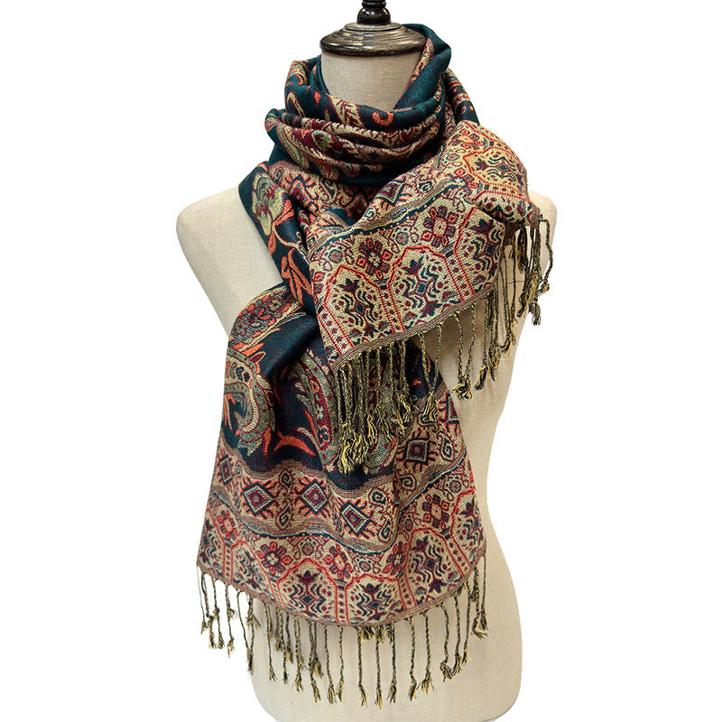 Nimara Ritual Bohemia Style Tibetan Paisley Floral Pattern Tassel Cozy Scarf Shawl