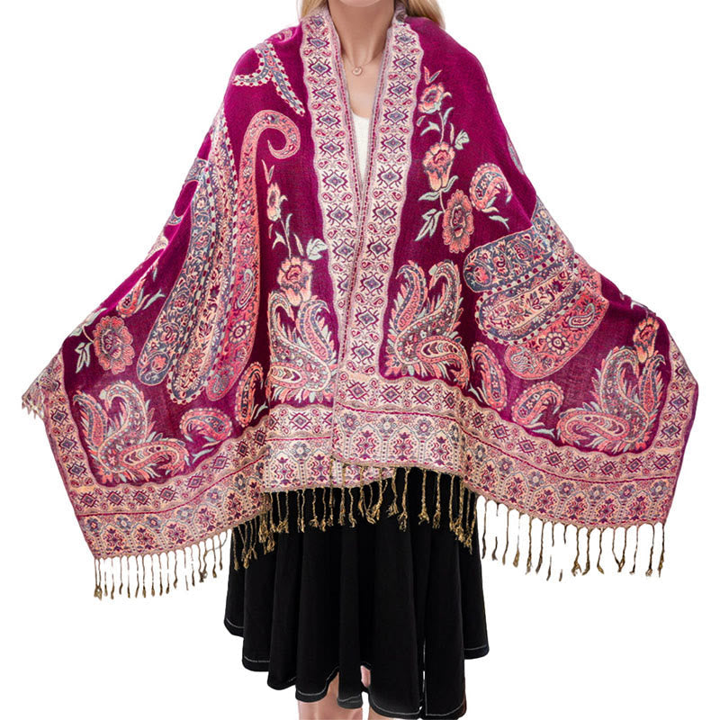 Nimara Ritual Bohemia Style Tibetan Paisley Floral Pattern Tassel Cozy Scarf Shawl