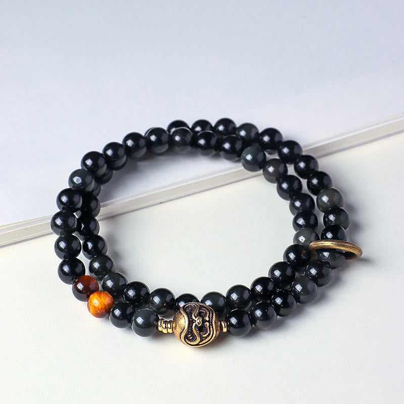 Nimara Ritual Tibetan Black Obsidian Tiger Eye Copper Double Wrap Strength Bracelet