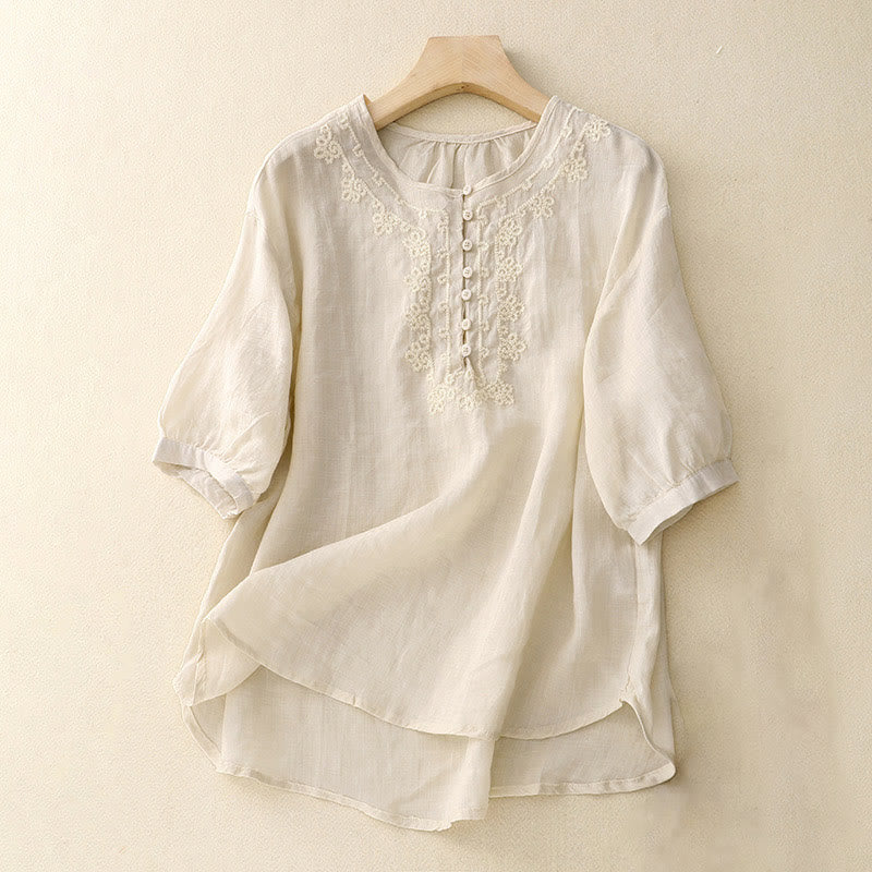 Nimara Ritual Casual Women's Plain Frog Buckle Design Half Sleeve Shirt