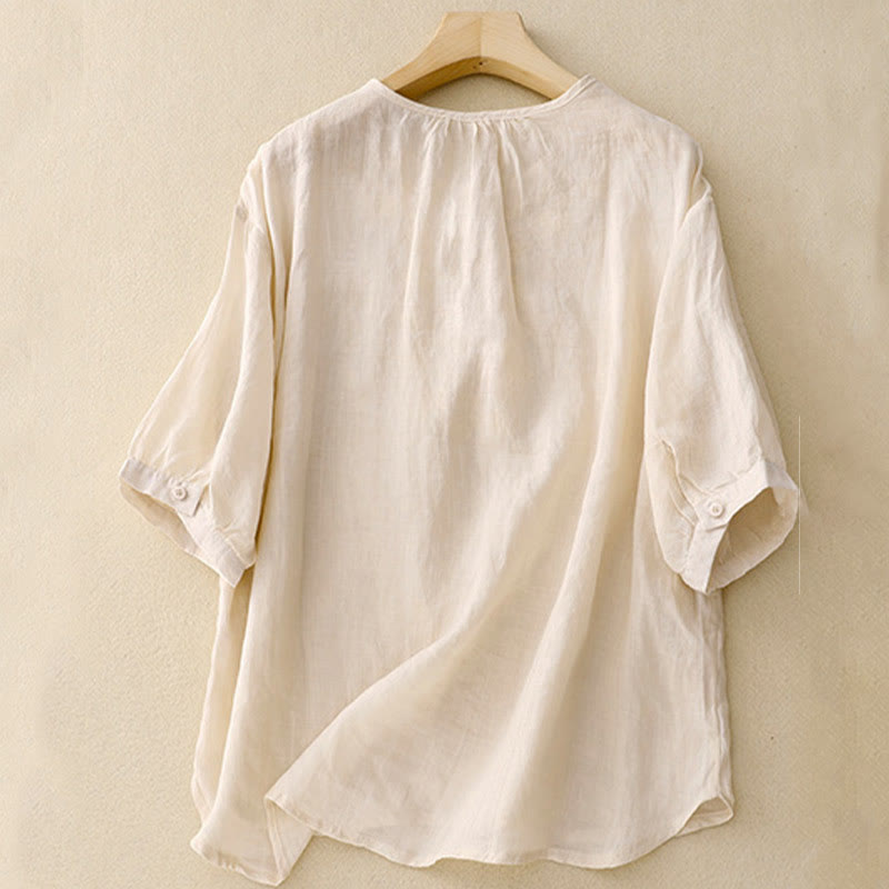 Nimara Ritual Casual Women's Plain Frog Buckle Design Half Sleeve Shirt