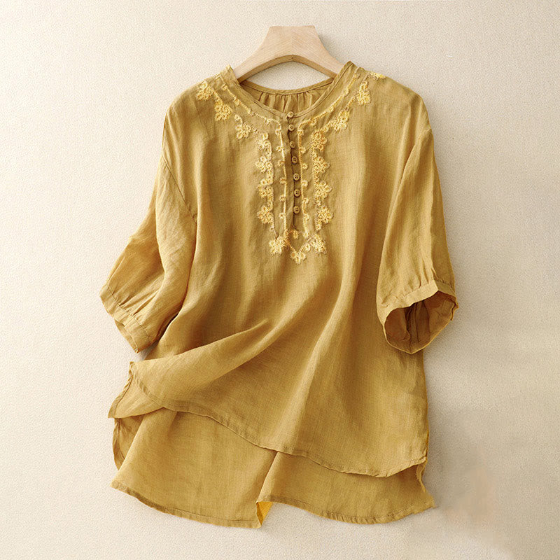 Nimara Ritual Casual Women's Plain Frog Buckle Design Half Sleeve Shirt