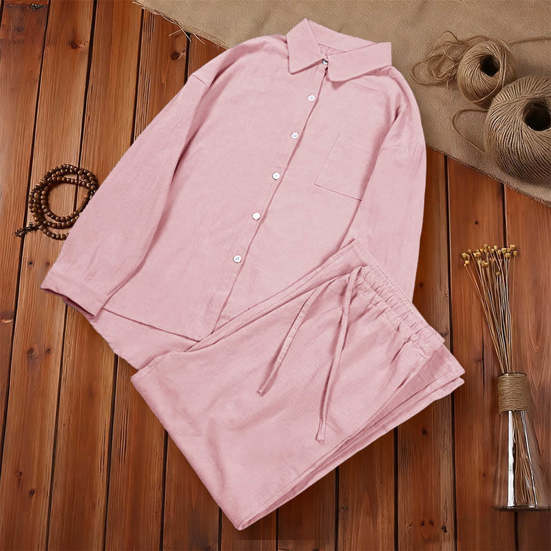 Nimara Ritual 2Pcs Long Sleeve Shirt Top With Pockets Drawstring Pants Meditation Cotton Clothing Women's Set