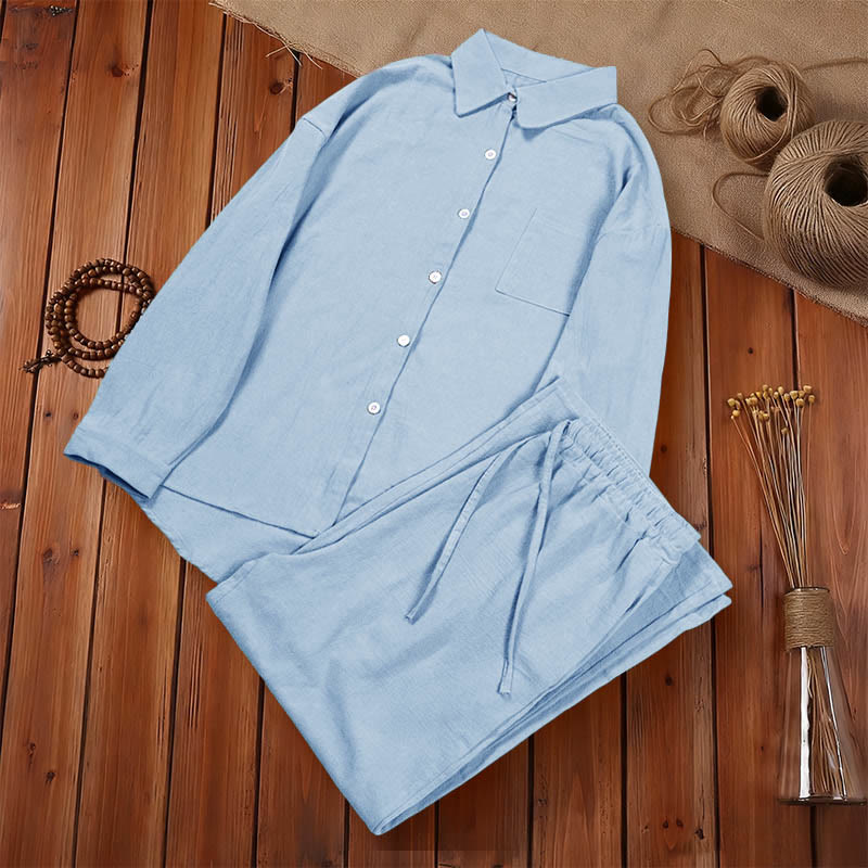 Nimara Ritual 2Pcs Long Sleeve Shirt Top With Pockets Drawstring Pants Meditation Cotton Clothing Women's Set