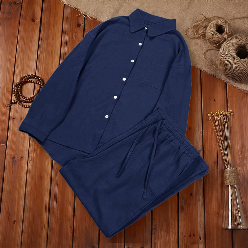 Nimara Ritual 2Pcs Long Sleeve Shirt Top With Pockets Drawstring Pants Meditation Cotton Clothing Women's Set