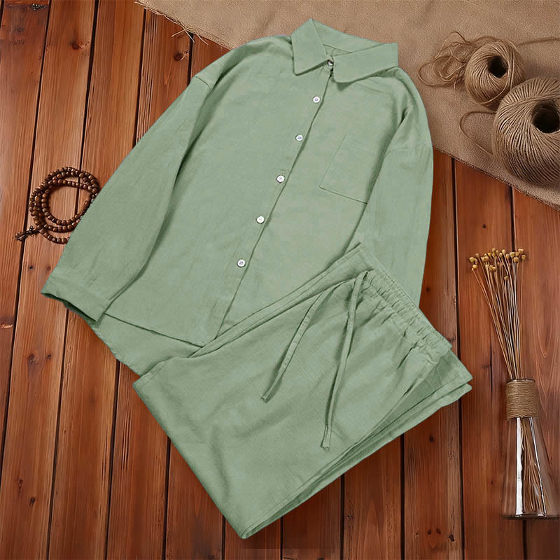 Nimara Ritual 2Pcs Long Sleeve Shirt Top With Pockets Drawstring Pants Meditation Cotton Clothing Women's Set
