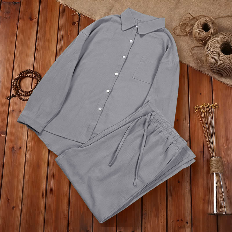 Nimara Ritual 2Pcs Long Sleeve Shirt Top With Pockets Drawstring Pants Meditation Cotton Clothing Women's Set