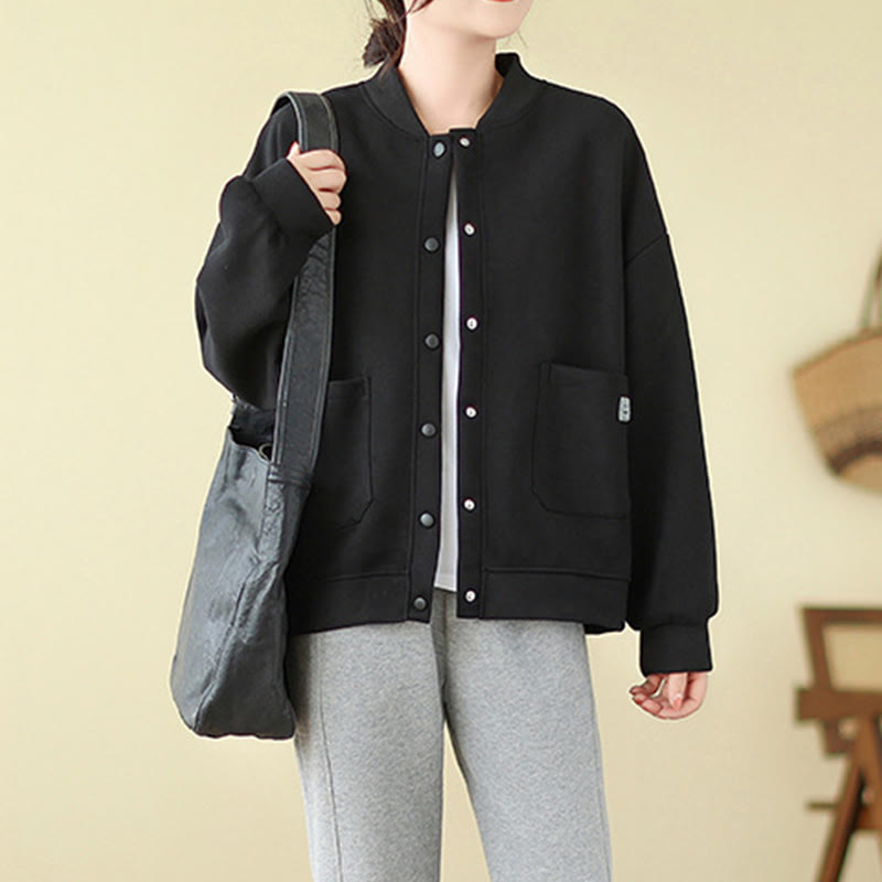 Nimara Ritual Plain Women's Buttons Crew Neck Long Sleeve Cotton Jacket With Pockets