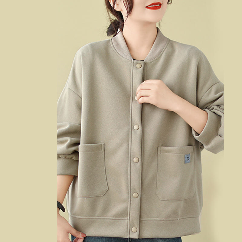 Nimara Ritual Plain Women's Buttons Crew Neck Long Sleeve Cotton Jacket With Pockets