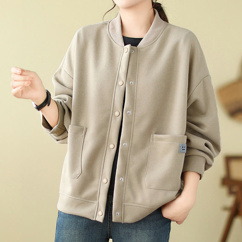 Nimara Ritual Plain Women's Buttons Crew Neck Long Sleeve Cotton Jacket With Pockets