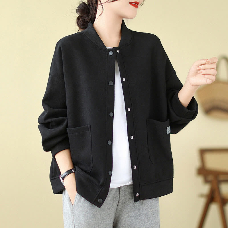 Nimara Ritual Plain Women's Buttons Crew Neck Long Sleeve Cotton Jacket With Pockets