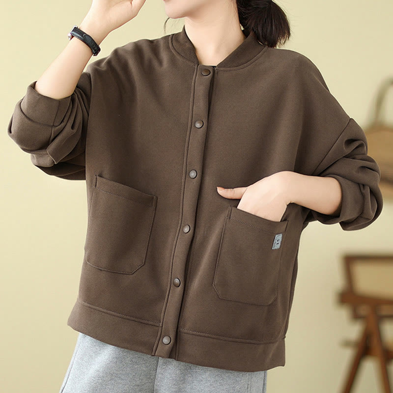 Nimara Ritual Plain Women's Buttons Crew Neck Long Sleeve Cotton Jacket With Pockets