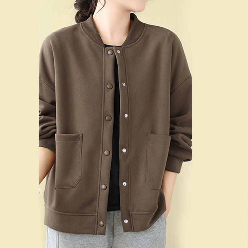 Nimara Ritual Plain Women's Buttons Crew Neck Long Sleeve Cotton Jacket With Pockets