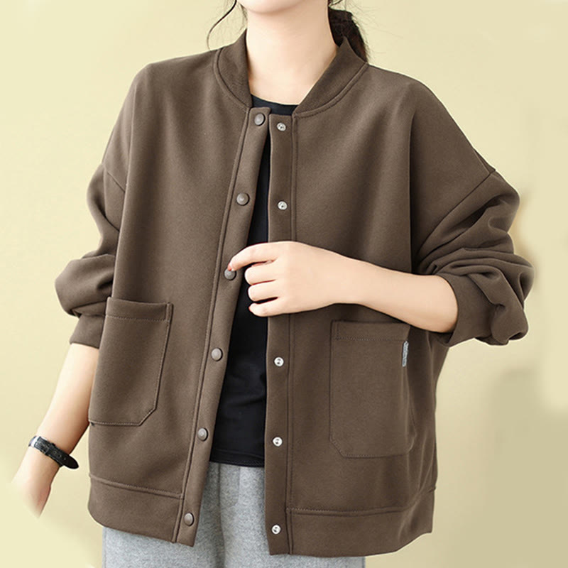 Nimara Ritual Plain Women's Buttons Crew Neck Long Sleeve Cotton Jacket With Pockets