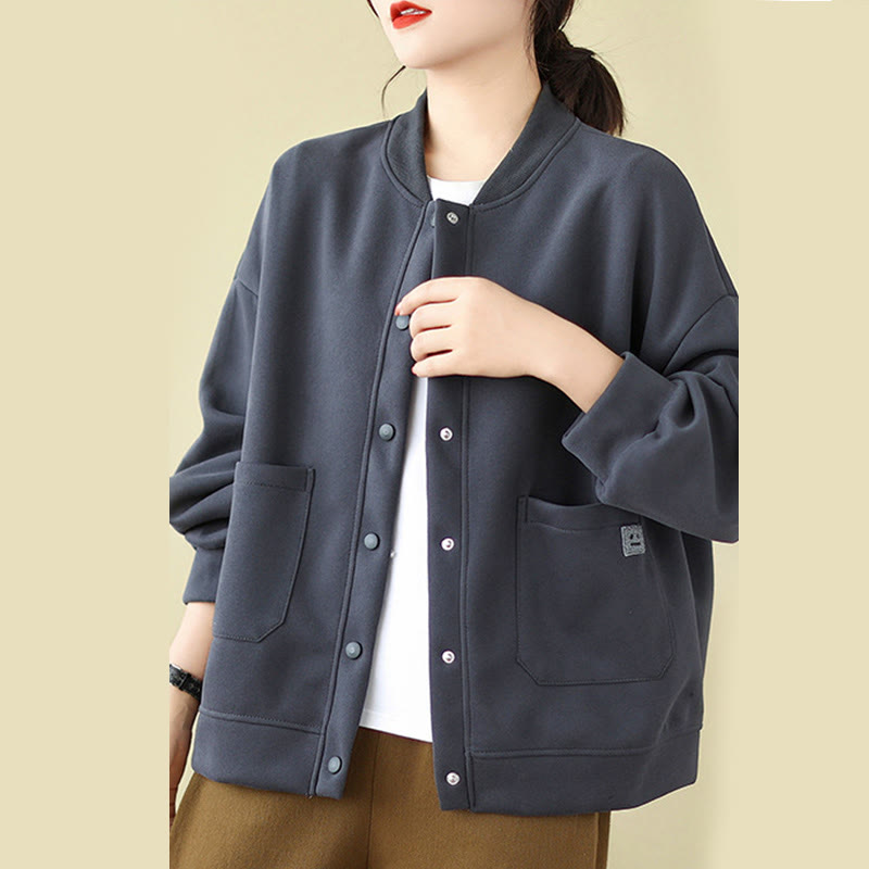 Nimara Ritual Plain Women's Buttons Crew Neck Long Sleeve Cotton Jacket With Pockets