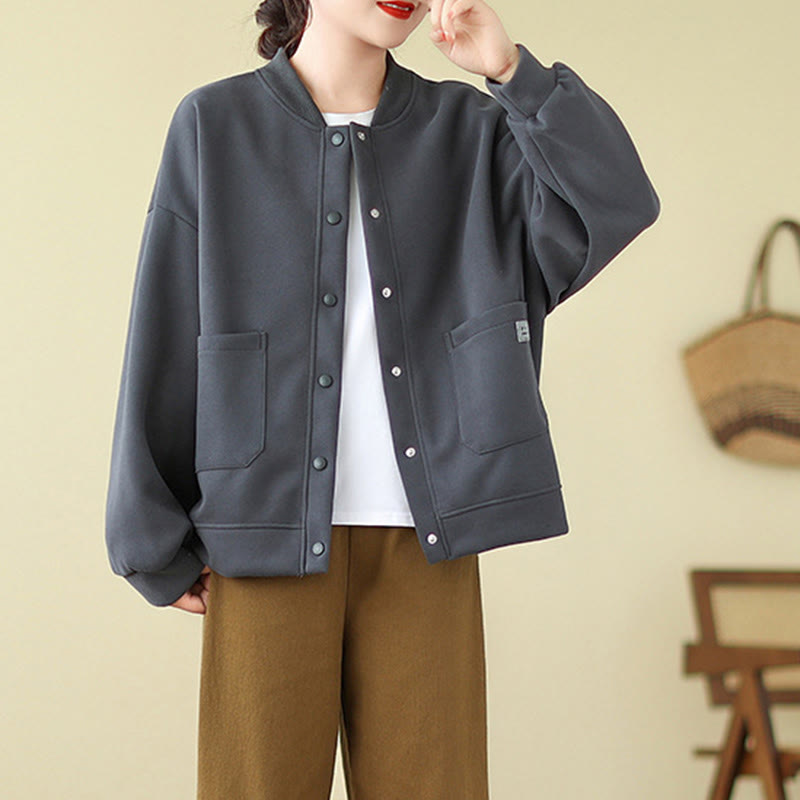 Nimara Ritual Plain Women's Buttons Crew Neck Long Sleeve Cotton Jacket With Pockets