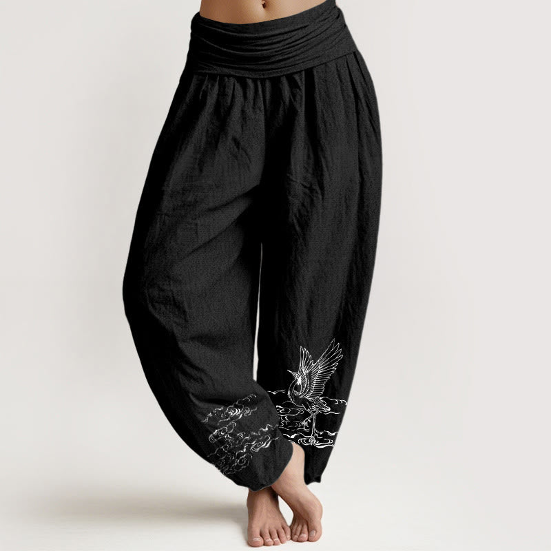 Nimara Ritual Crane Flowing Water Pattern Women's Elastic Waist Harem Cotton Pants
