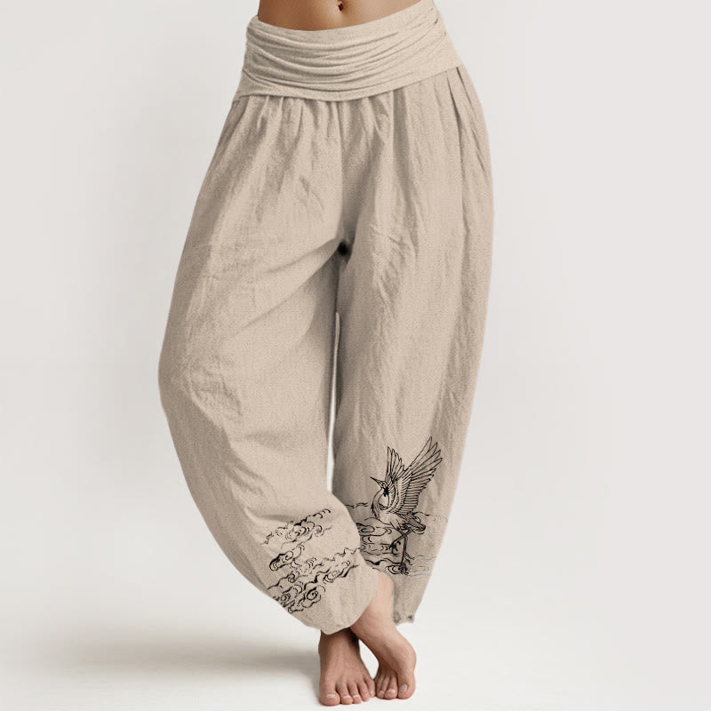 Nimara Ritual Crane Flowing Water Pattern Women's Elastic Waist Harem Cotton Pants