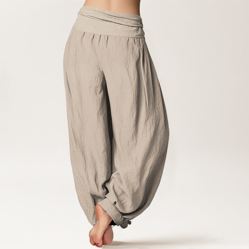 Nimara Ritual Crane Flowing Water Pattern Women's Elastic Waist Harem Cotton Pants