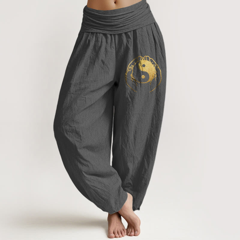 Nimara Ritual Yin Yang Hand Pattern Women's Elastic Waist Harem Cotton Pants