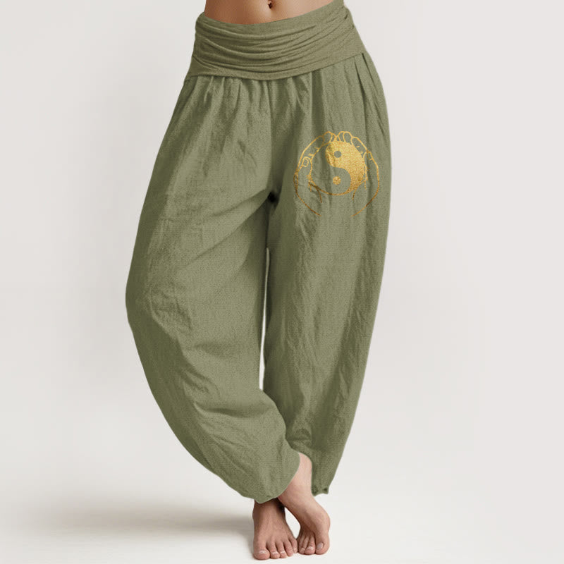 Nimara Ritual Yin Yang Hand Pattern Women's Elastic Waist Harem Cotton Pants
