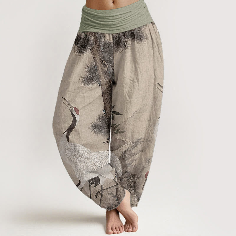 Nimara Ritual Pure Cotton Casual Red-crowned Crane Pine Tree Mountain Women's Elastic Waist Harem Pants