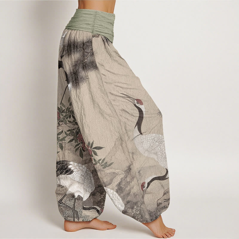 Nimara Ritual Pure Cotton Casual Red-crowned Crane Pine Tree Mountain Women's Elastic Waist Harem Pants