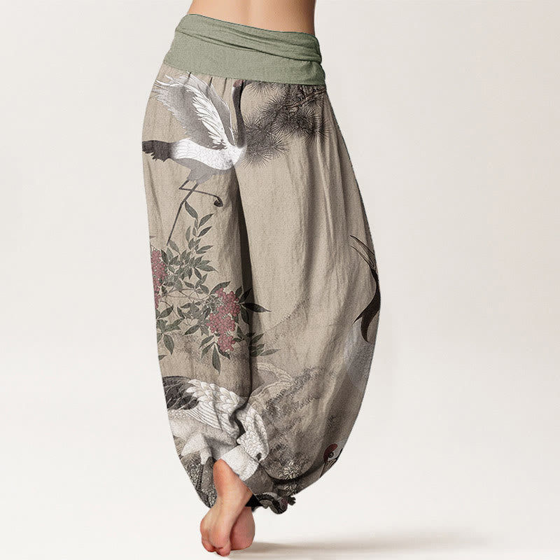 Nimara Ritual Pure Cotton Casual Red-crowned Crane Pine Tree Mountain Women's Elastic Waist Harem Pants