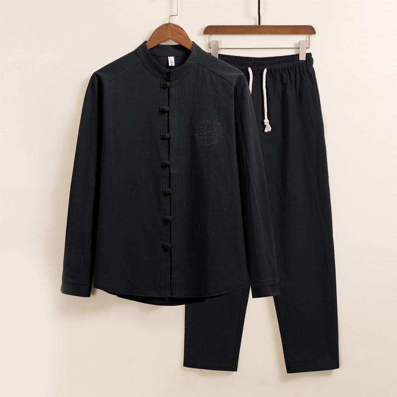 Nimara Ritual 2Pcs Plain Men's Frog-Button Long Sleeve Cotton Shirt Pants Set With Pockets