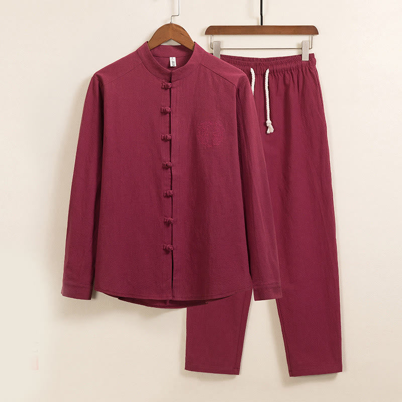 Nimara Ritual 2Pcs Plain Men's Frog-Button Long Sleeve Cotton Shirt Pants Set With Pockets