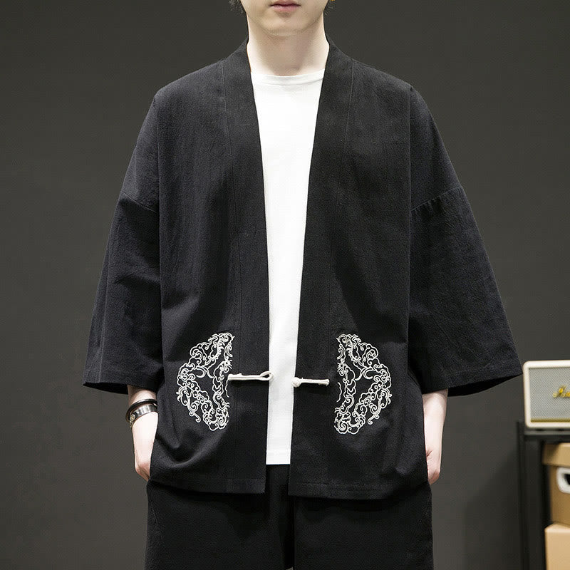 Nimara Ritual Solid Auspicious Clouds Open Front Long Sleeve Jacket Men's Cotton Kimono