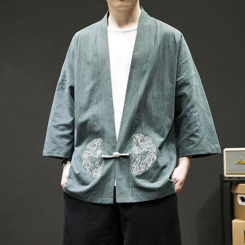 Nimara Ritual Solid Auspicious Clouds Open Front Long Sleeve Jacket Men's Cotton Kimono