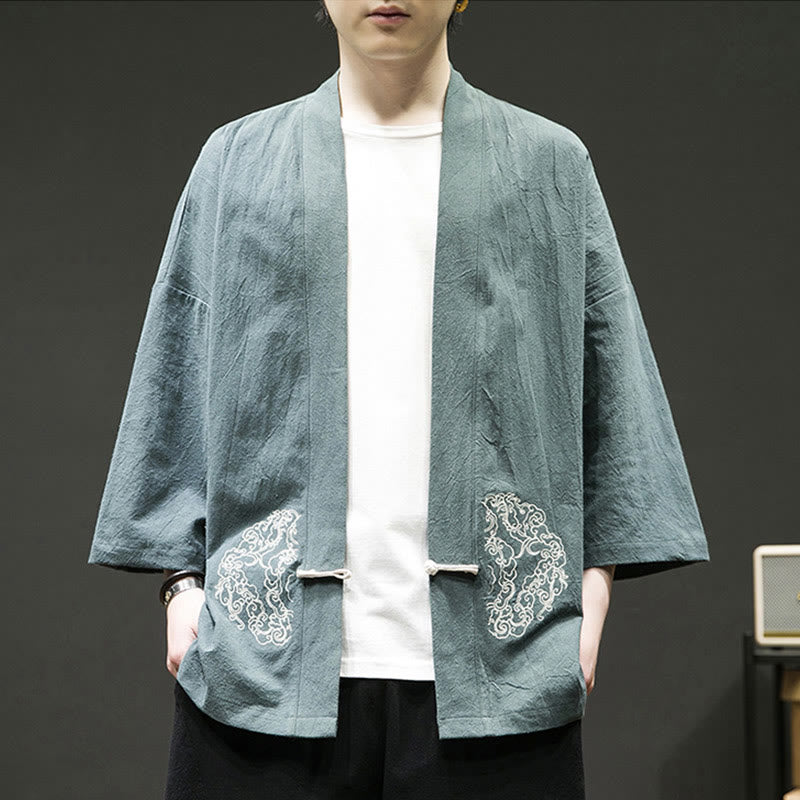 Nimara Ritual Solid Auspicious Clouds Open Front Long Sleeve Jacket Men's Cotton Kimono