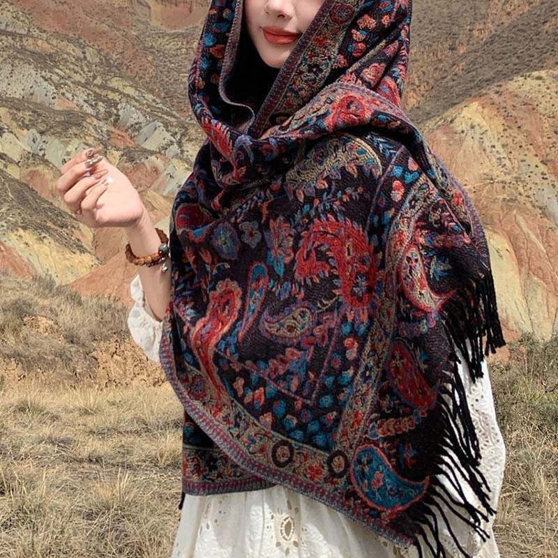 Nimara Ritual Ethnic Embroidered Paisley Flowers Pattern Tassel Soft Scarf Shawl