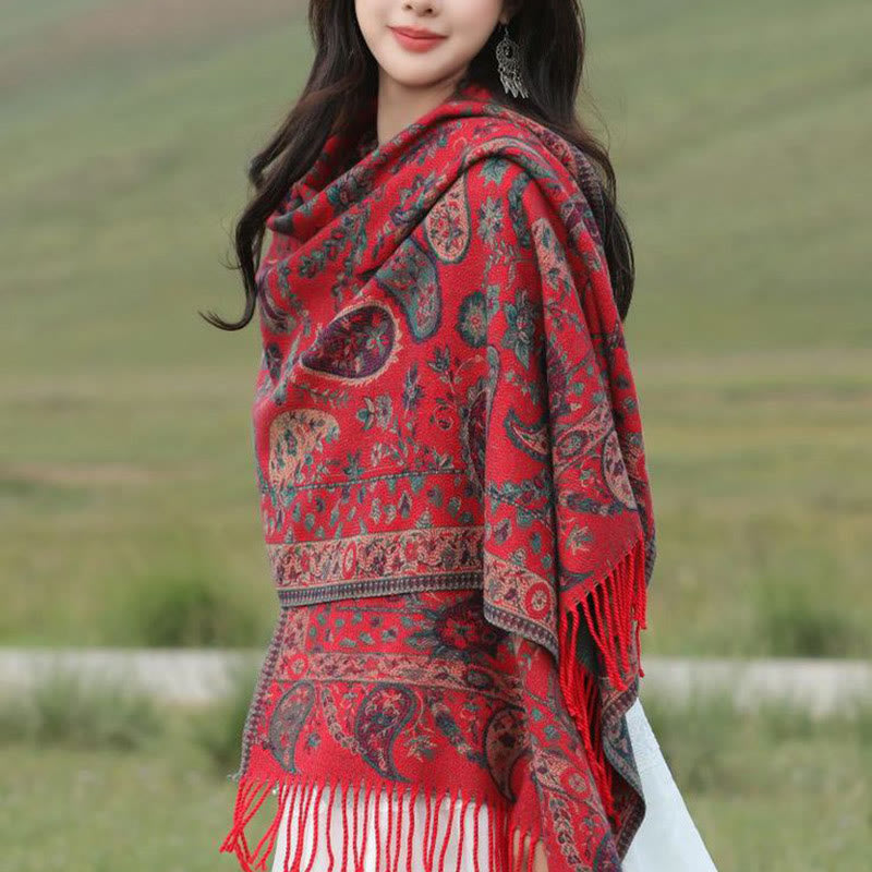 Nimara Ritual Ethnic Embroidered Paisley Flowers Pattern Tassel Soft Scarf Shawl