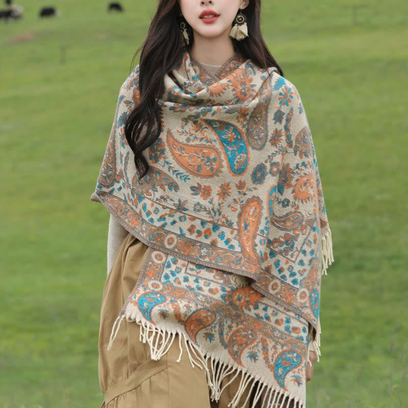 Nimara Ritual Ethnic Embroidered Paisley Flowers Pattern Tassel Soft Scarf Shawl