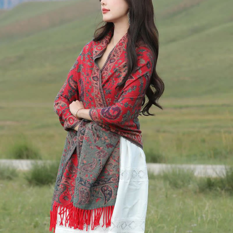 Nimara Ritual Ethnic Embroidered Paisley Flowers Pattern Tassel Soft Scarf Shawl