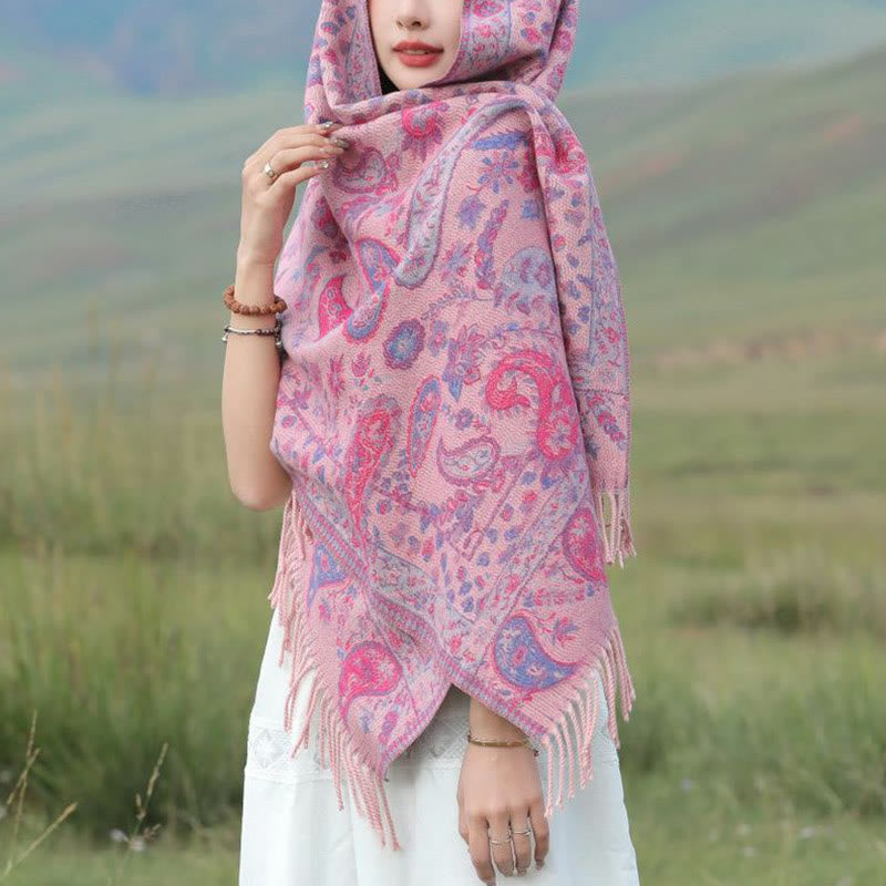 Nimara Ritual Ethnic Embroidered Paisley Flowers Pattern Tassel Soft Scarf Shawl