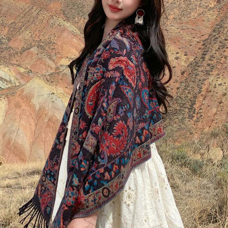 Nimara Ritual Ethnic Embroidered Paisley Flowers Pattern Tassel Soft Scarf Shawl