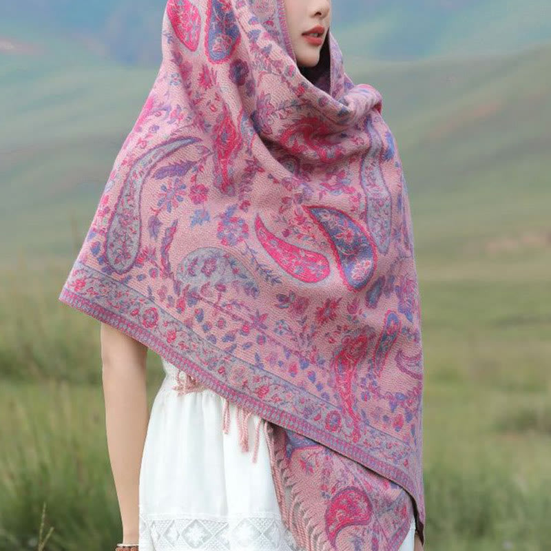 Nimara Ritual Ethnic Embroidered Paisley Flowers Pattern Tassel Soft Scarf Shawl
