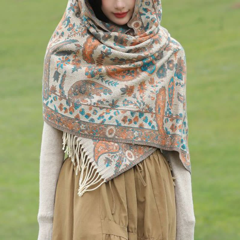 Nimara Ritual Ethnic Embroidered Paisley Flowers Pattern Tassel Soft Scarf Shawl